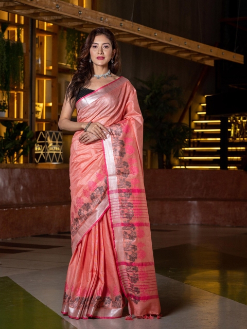 

BEATITUDE Peach-Coloured & Pink Floral Silk Blend Saree