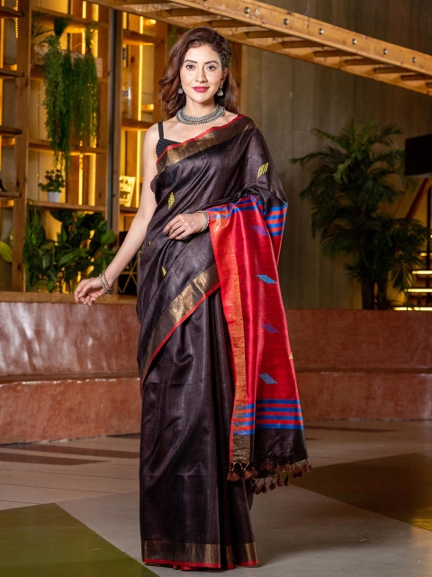 

BEATITUDE Brown & Red Woven Design Pure Silk Saree