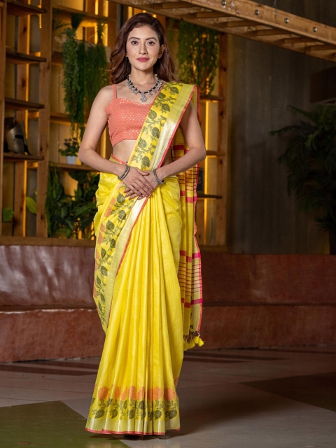 

BEATITUDE Yellow & Green Floral Silk Blend Saree