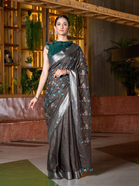 

BEATITUDE Grey & Blue Floral Embroidered Pure Linen Saree