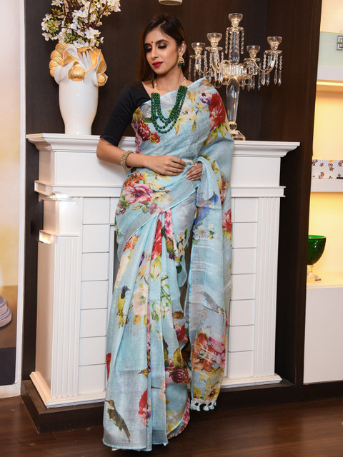 

BEATITUDE Blue & Red Floral Printed Pure Linen Handloom Saree