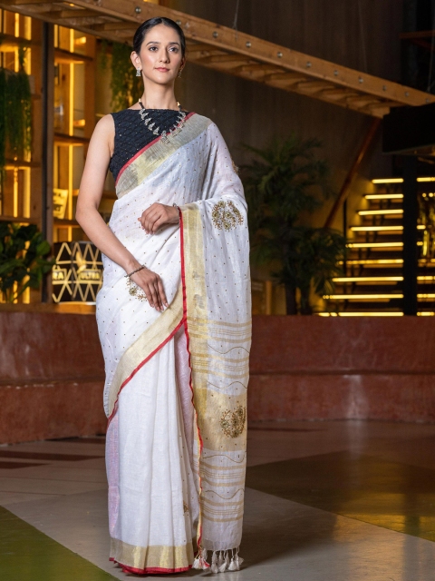 

BEATITUDE White & Gold-Toned Embellished Beads and Stones Pure Linen Saree