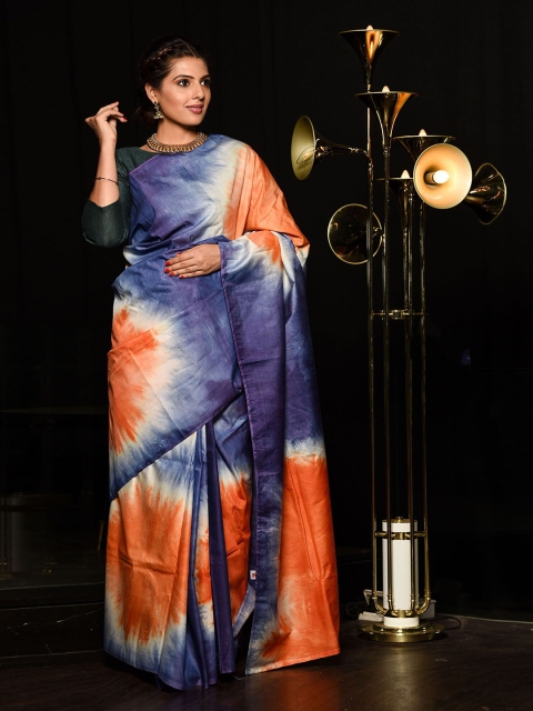 

BEATITUDE Blue & Orange Tie and Dye Silk Blend Saree