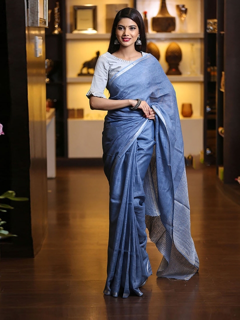 

BEATITUDE Blue & Silver-Toned Pure Linen Saree
