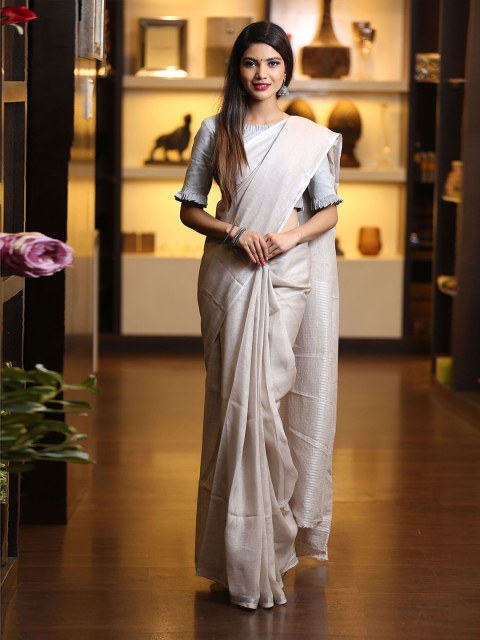 

BEATITUDE Beige & Silver Handloom Zari Pure Linen Saree