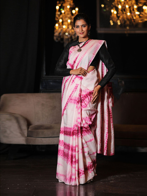 

BEATITUDE Pink & White Tie and Dye Silk Blend Saree