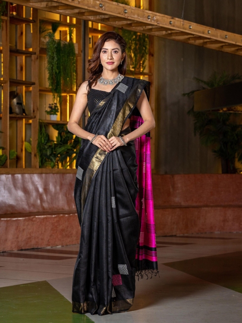 

BEATITUDE Black & Pink Woven Design Zari Pure Silk Saree