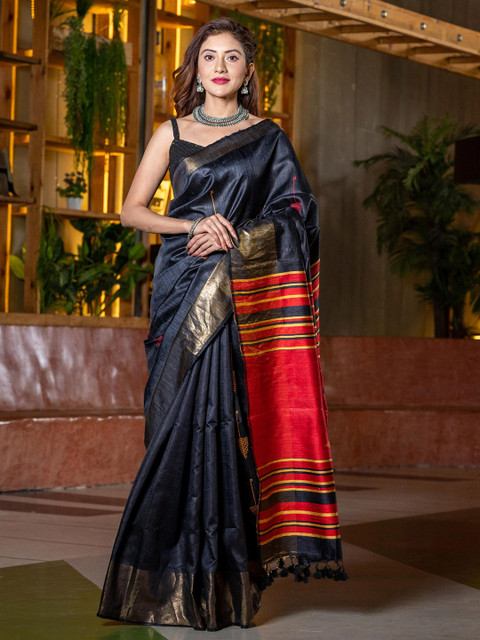 

BEATITUDE Black & Red Floral Pure Silk Saree