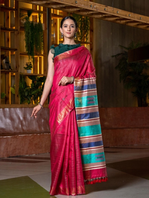 

BEATITUDE Pink & Blue Woven Design Zari Pure Silk Saree