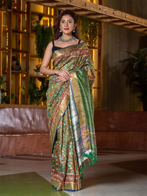 

BEATITUDE Green & Orange Kalamkari Zari Pure Silk Saree