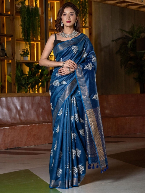 

BEATITUDE Blue & White Floral Zari Pure Silk Tussar Saree