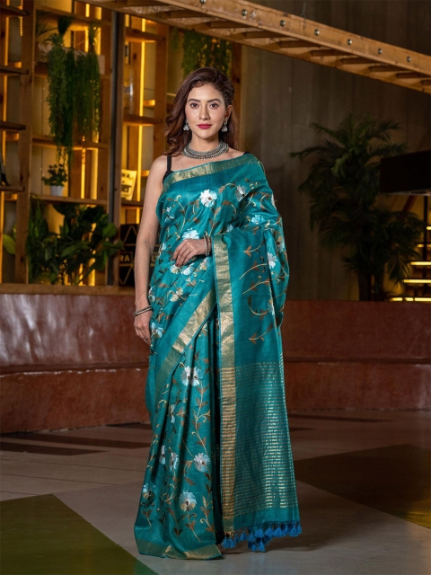 

BEATITUDE Blue & White Floral Embroidere Pure Silk Tussar Saree