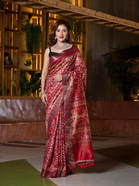 

BEATITUDE Red & Blue Kalamkari Zari Pure Silk Tussar Saree