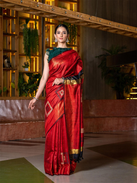 

BEATITUDE Red & Cream-Coloured Woven Design Raw Dupion Silk Saree