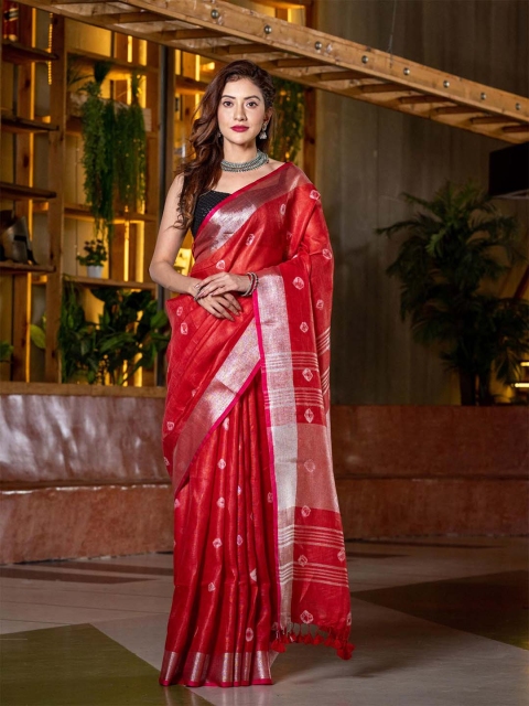 

BEATITUDE Red & Silver-Toned Tie and Dye Zari Pure Linen Saree