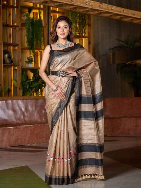 

BEATITUDE Beige & Black Floral Embroidered Pure Silk Tussar Saree