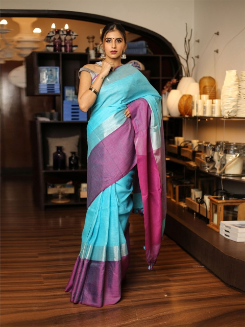 

BEATITUDE Blue & Purple Colourblocked Pure Linen Saree