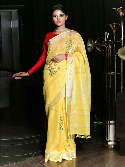 

BEATITUDE Yellow & Green Floral Embroidered Pure Linen Saree