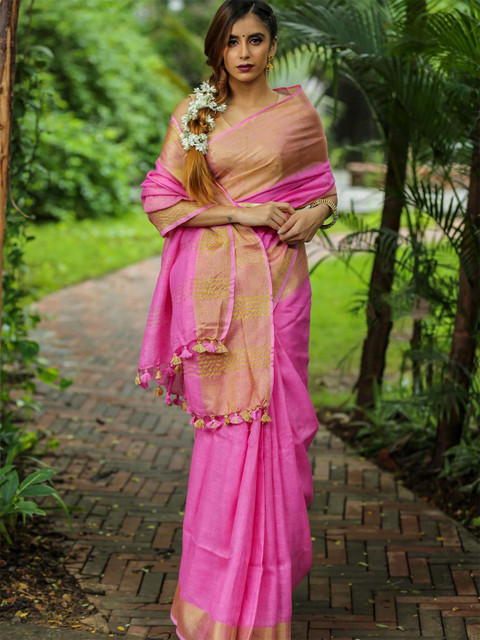 

BEATITUDE Pink Zari Pure Linen Saree