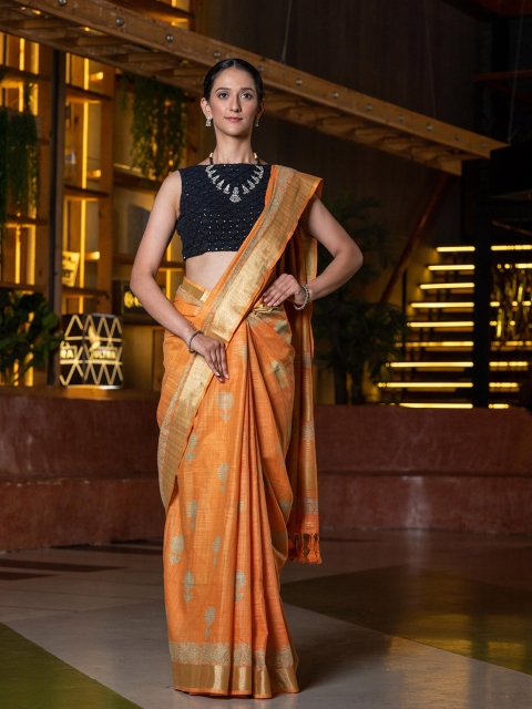 

BEATITUDE Orange & Gold-Toned Floral Hand Block Print Pure Linen Saree
