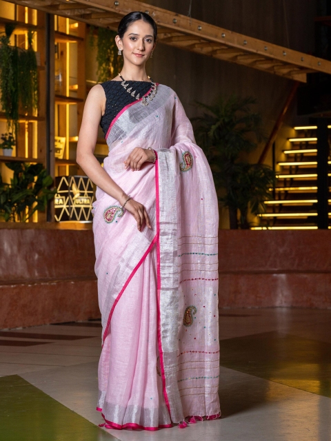 

BEATITUDE Pink & Silver-Toned Handwoven Embellished Pure Linen Saree