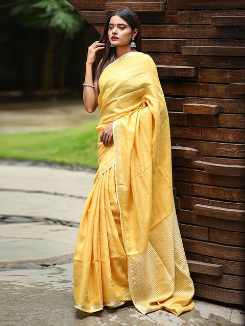 

BEATITUDE Yellow Zari Pure Linen Saree
