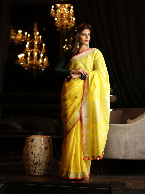 

BEATITUDE Yellow & Red Floral Pure Linen Saree