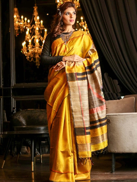 

BEATITUDE Yellow & Black Ethnic Motifs Handwoven Dupion Pure Silk Saree
