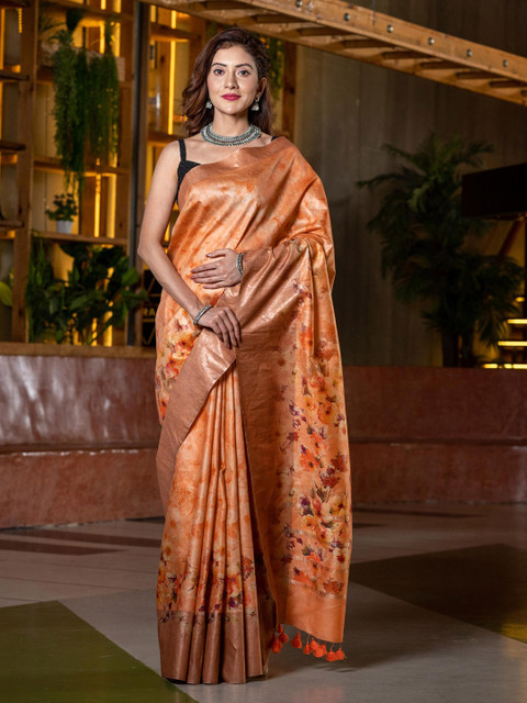 

BEATITUDE Orange & Gold-Toned Floral Zari Pure Silk Muga Saree