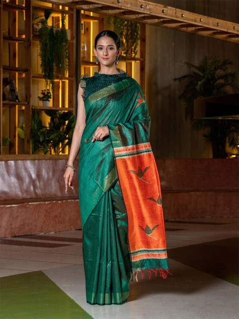 

BEATITUDE Green & Orange Woven Design Pure Silk Saree