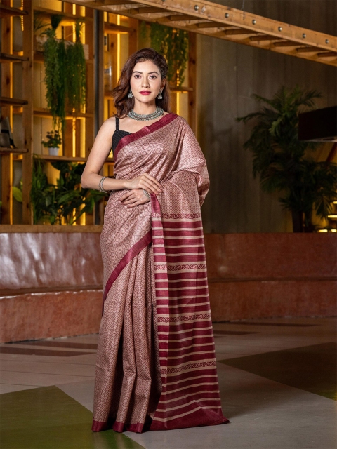 

BEATITUDE Beige & Maroon Pure Silk Tussar Saree