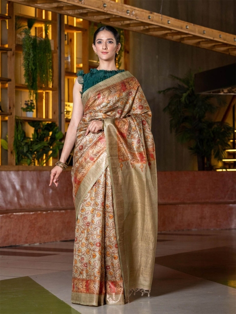 

BEATITUDE Green & Red Kalamkari Pure Silk Tussar Saree