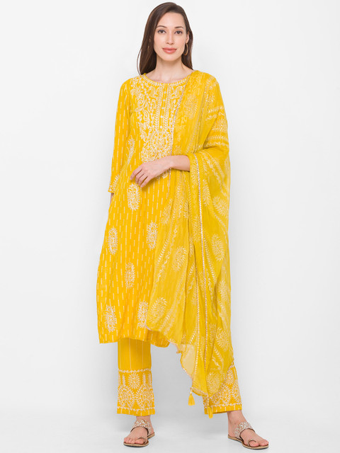 

ZOLA Women Mustard Yellow Layered Kurti with Trousers & With Dupatta