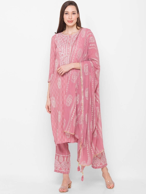 

ZOLA Women Pink Floral Embroidered Panelled Kurti with Trousers & With Dupatta