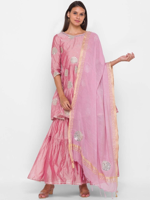 

ZOLA Women Peach-Coloured Embroidered Layered Chanderi Silk Kurti with Sharara & With Dupatta