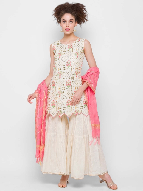 

ZOLA Women Off White Floral Embroidered High Slit Pure Cotton Kurti with Sharara & With Dupatta