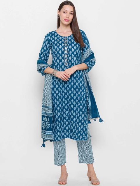 

ZOLA Women Blue Embroidered Panelled Pure Cotton Kurti with Trousers & With Dupatta