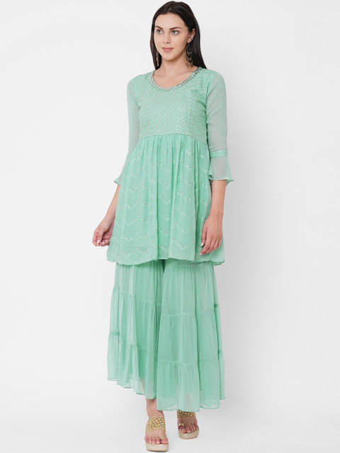 

ZOLA Women Green Striped Empire Kurti with Sharara