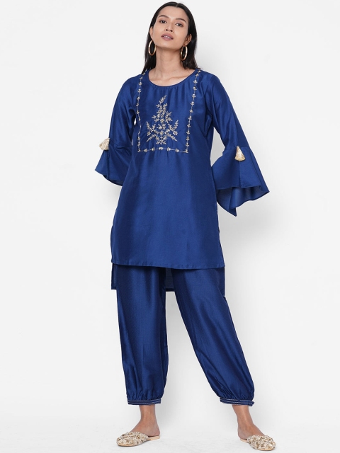 

ZOLA Women Blue Embroidered Angrakha Kurti with Trousers