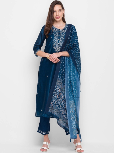 

ZOLA Women Navy Blue Embroidered Layered Chanderi Silk Kurti with Trousers & With Dupatta