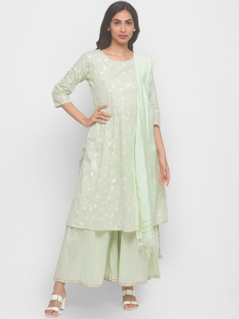 

ZOLA Women Green Embroidered Panelled Pure Cotton Kurti with Sharara & With Dupatta