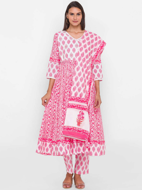 

ZOLA Women Pink Yoke Design Empire Pure Cotton Kurti with Trousers & With Dupatta