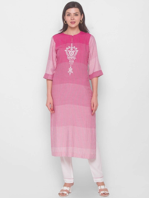 

ZOLA Women Pink Floral Embroidered Pleated Kurti with Trousers & With Dupatta