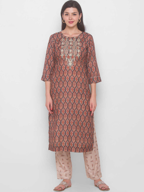 

ZOLA Women Rust Printed Panelled Kurti with Trousers