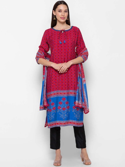 

ZOLA Women Coral Embroidered Panelled Kurti with Trousers & With Dupatta