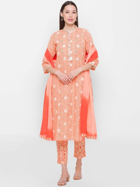 

ZOLA Women Peach-Coloured Embroidered Panelled Pure Cotton Kurti with Salwar & With Dupatta