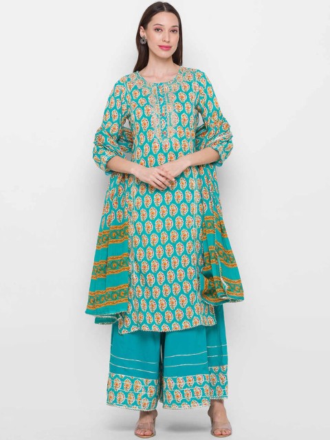 

ZOLA Women Green Panelled Pure Cotton Kurti with Salwar & With Dupatta
