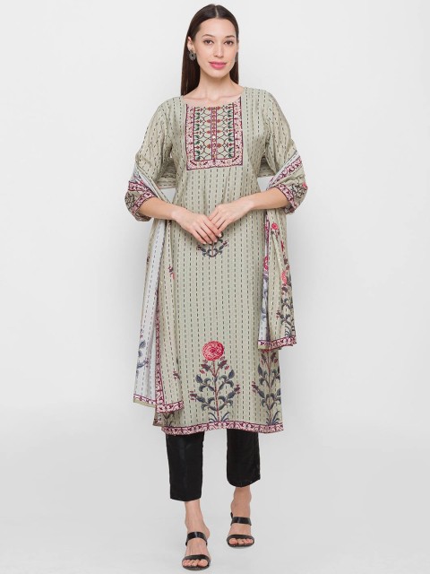 

ZOLA Women Green Embroidered Pleated Kurti with Trousers & With Dupatta