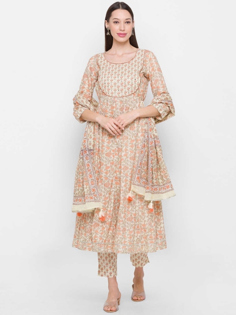 

ZOLA Women Peach-Coloured Floral Embroidered Layered Pure Cotton Kurti with Trousers & With Dupatta