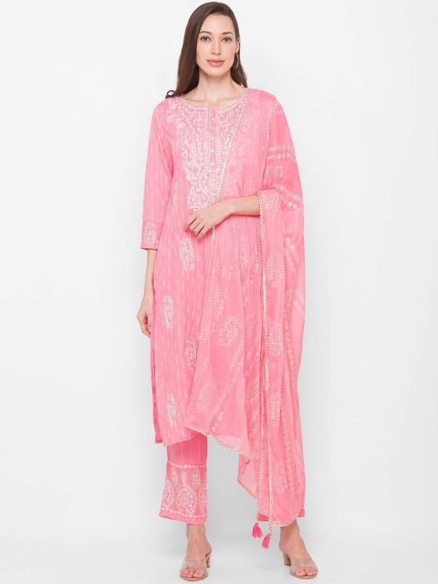 

ZOLA Women Pink Ethnic Motifs Panelled Kurti with Trousers & With Dupatta